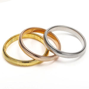 Retro Stainless Steel Tubogas Stretch Bracelet For Women Unique Striped Wide Elastic Bangle Fashion Jewelry