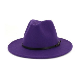 Detailed side view of purple wool felt fedora with black leather band and gold buckle