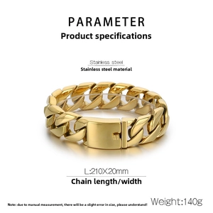 Detail view of 20mm wide gold stainless steel Cuban link bracelet with fold-over clasp