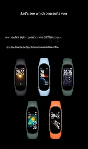 Detail view of M7 smart band showing four strap colors and various dial theme options