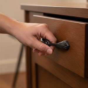 Vintage cast iron door handle with fan-shaped texture on a rustic wooden drawer