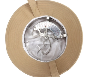 Internal view of a metal cap sizer measuring a khaki sun hat with a 42-52cm scale