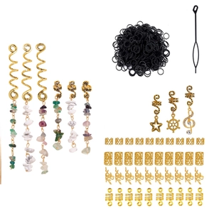 50pcs natural stone hair charms set with gold alloy spiral clips and leaf pendants for braids
