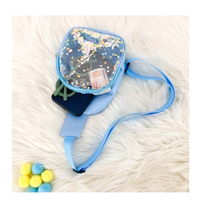 Detail of light blue kids crossbody bag with transparent PVC pocket and colorful sequins
