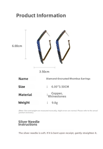 Macro detail of geometric rhombus earrings showing green gradient stones and dimensions