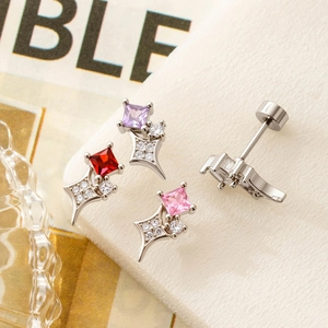 Sparkling square zircon star earrings with screw back studs in silver stainless steel