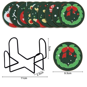 Detailed size chart for Christmas diamond painting coasters and metal storage holder set