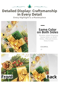 Detail of dark green Christmas gift bag with gold bow and same color on both sides