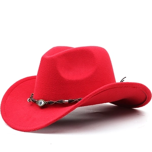 Western Cowboy Hat Felt Polyester Wide Brim With Braided Band Evil Eye Bead Retro Bohemian Sun Protection Adjustable