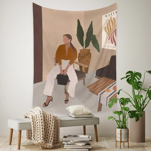 Bohemian tapestry featuring a modern Matisse-style abstract woman painting for wall decor