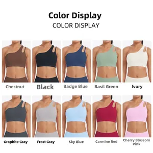 Detailed color display of one-shoulder yoga bras in ten trendy solid colors