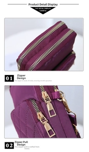 Close-up of deep purple quilted nylon bag featuring smooth golden metal zippers