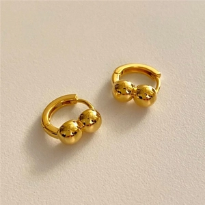 Polished gold 925 sterling silver hoop earrings with dual metal bead charms for women
