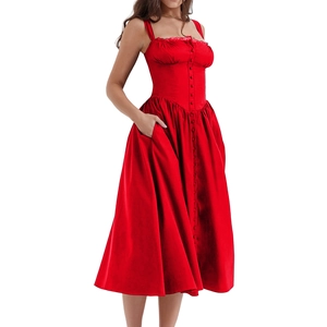 Robe midi rouge élégante de style corset avec bretelles fines et une coupe évasée