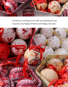 Detailed Christmas ball ornaments featuring reindeer and snowflake patterns with red ribbons