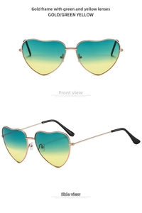 Front and side views of heart-shaped sunglasses with gold frames and green-yellow gradient lenses