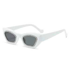 Fashionable white rectangular sunglasses with diamond-encrusted frames and dark lenses