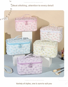 Floral quilted cosmetic bags with wave stitching and star zippers in pastel colors