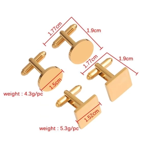 Mirror finish gold steel cufflinks in round and square shapes with size measurements