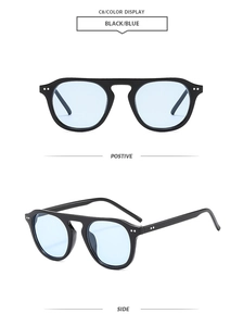 Detail view of black frame sunglasses with blue lenses from front and side perspectives