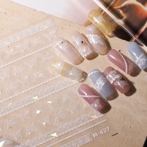 3D embossed butterfly nail stickers with white lace design and aurora effect M-427