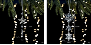 Detailed view of clear acrylic snowflake and waterdrop Christmas tree hanging ornaments