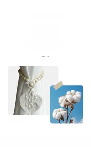 Detail of bohemian hand-woven curtain tieback with cotton leaf tassel and wooden beads