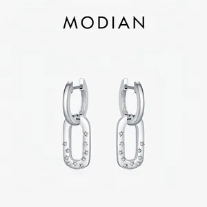 Rectangular Drop Hoop Earrings 925 Sterling Silver With Star Zirconia For Women Luxury Minimalist Style