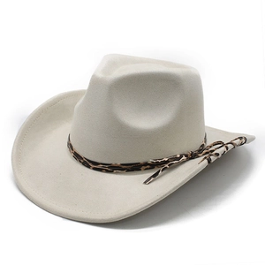 Classic cream suede cowboy hat with leopard print band and wide brim styling