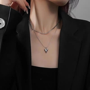 Minimalist silver double-layered titanium steel snake chain with a 3D heart pendant