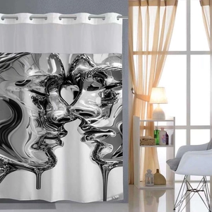 Detail showing reinforced metal grommets and abstract art print on a white shower curtain