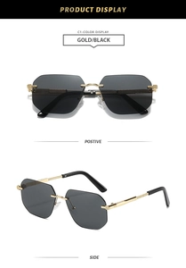 Detailed product display of rimless square sunglasses in classic gold and black finish