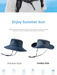 Detail of dark blue sun hat with breathable mesh top and adjustable chin strap cord