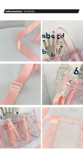 Detail view of transparent PVC bag with pink woven straps and adjustable plastic buckles