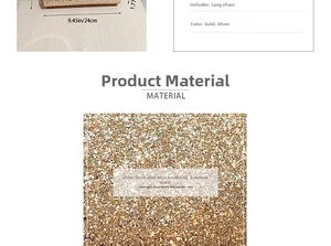 Detail showing 24cm glitter evening clutch bag with chain strap in gold and silver