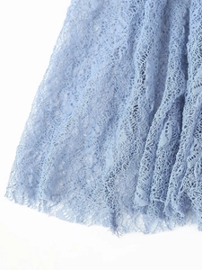 Détail macro de la texture en dentelle florale bleu clair et de l'ourlet festonné