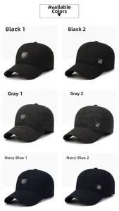 Detail view of winter baseball caps for men in black, grey, and navy blue with warm lining