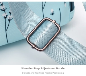 Detail of adjustable metal buckle and durable nylon strap on light blue oxford backpack