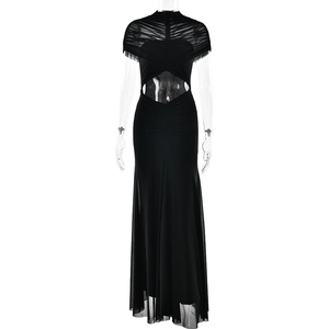 Sexy black ruched bodycon maxi dress with cutout waist and sheer mesh splicing details