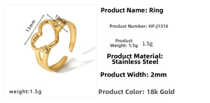 Detailed view of adjustable hollow heart ring in 18k gold-plated stainless steel