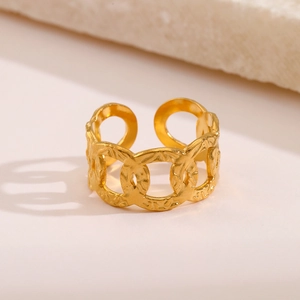 Exaggerated golden chain link open ring with hammer texture for women fashion