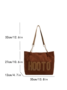 Brown suede tote bag with HOOTO letter patch and chain strap details, 35x27x12cm size