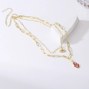 18K gold-plated double-layer paperclip necklace with Hamsa hand and Evil Eye pendants
