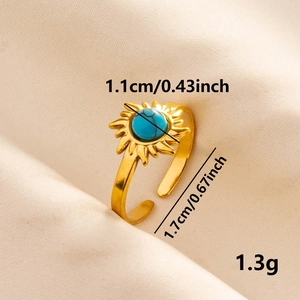 Adjustable 304 stainless steel gold ring featuring a sunburst design with turquoise stone