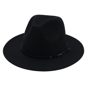 Detailed close-up of a black wool felt fedora featuring a stylish thin leather belt with buckle