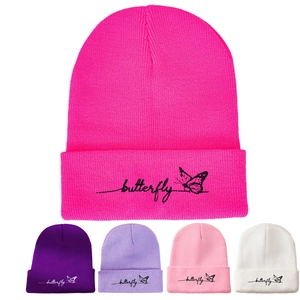 Bonnet En Maille Broderie Papillon Acrylique Doux Chaud Hiver Bonnet À Revers Femme