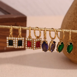 Elegant 18K gold plated stainless steel drop earrings with multi-color zircon stones