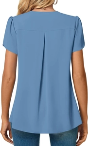 Detail of blue chiffon blouse featuring elegant tulip sleeves and back pleat design