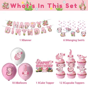 38-piece Axolotl themed birthday party set with banner, balloons and cake toppers