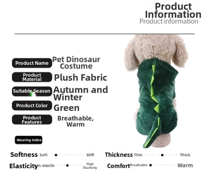 Detail view of plush green dinosaur pet costume with spikes for dogs and cats
